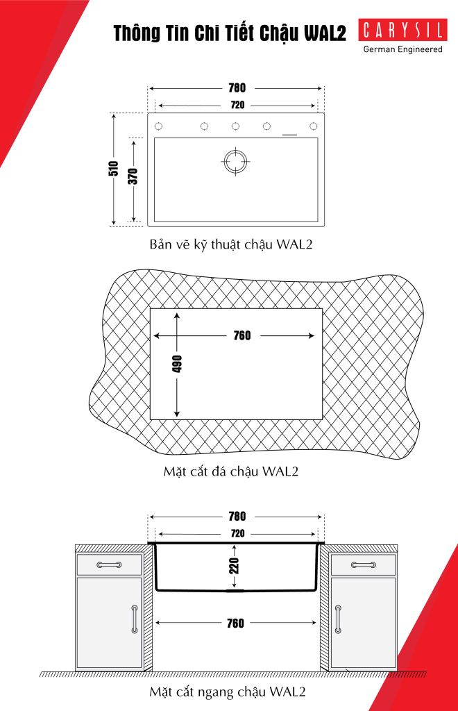 kích thước chậu rửa chén bằng đá WAL2