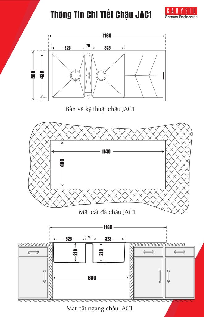 Chậu rửa chén bằng đá granite 2 hố có cánh - Jazz D200 - JAC1 Carysil