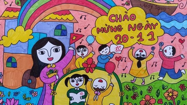 vẽ tranh cô giáo và học sinh cùng nhau chơi trò chơi ngày 20 tháng 11