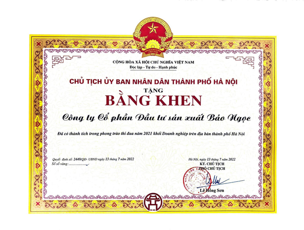 bằng khen công ty bảo ngọc