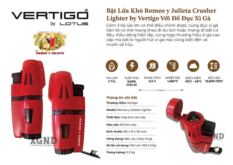 Bật Lửa Khò Romeo y Julieta Crusher Lighter by Vertigo Với Đồ Đục Xì Gà - Phụ Kiện Xì Gà