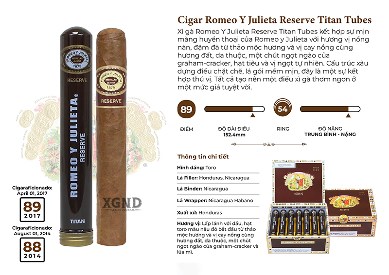 XGND - Thông tin chi tiết Cigar Romeo Y Julieta Reserve Titan Tubes - Xì Gà Chính Hãng