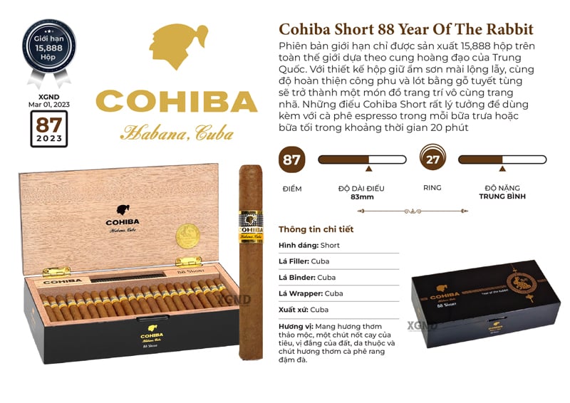 Cigar Cohiba Short 88 Year Of The Rabbit - Xì Gà Cuba Chính Hãng 88 Điếu