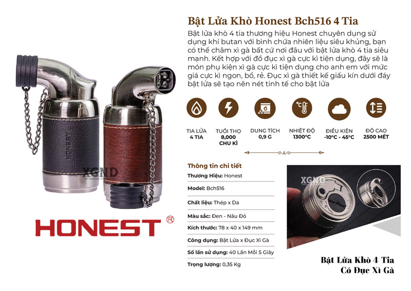 Bật Lửa Khò Honest BCH516 4 Tia Với Đồ Đục Xì Gà - Phụ Kiện Xì Gà Chuyên Dụng