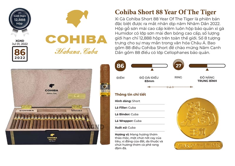 Cigar Cohiba Short 88 Year Of The Tiger - Xì Gà Cuba Chính Hãng 88 Điếu