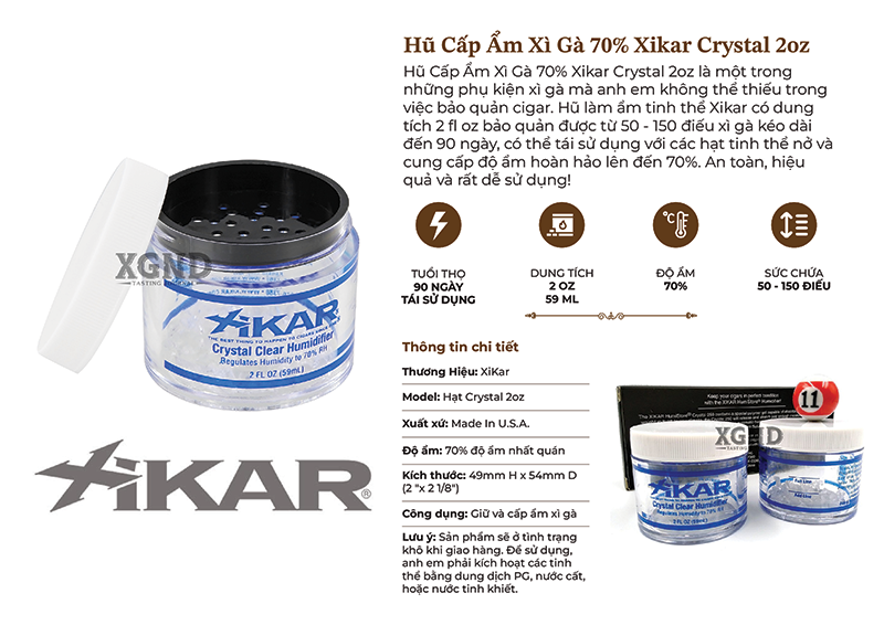 XGND - Hũ Cấp Ẩm Xì Gà 70% Xikar Crystal 2oz Chính Hãng