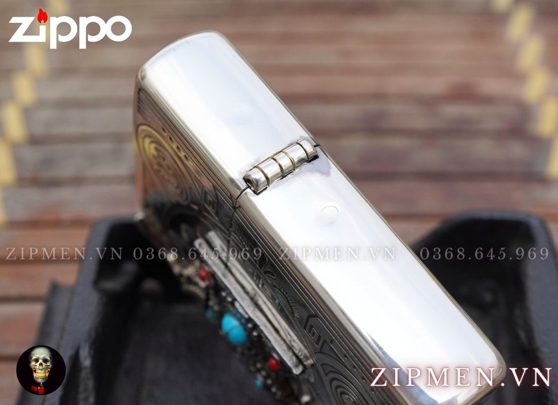 Zippo usa armor mạ bạc xuất Nhật đính ngọc lam