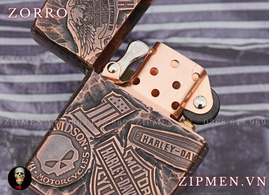 Bật lửa zorro vỏ đồng đỏ ruột đồng đỏ copper gõ búa siêu dày chủ đề Harley Davidson