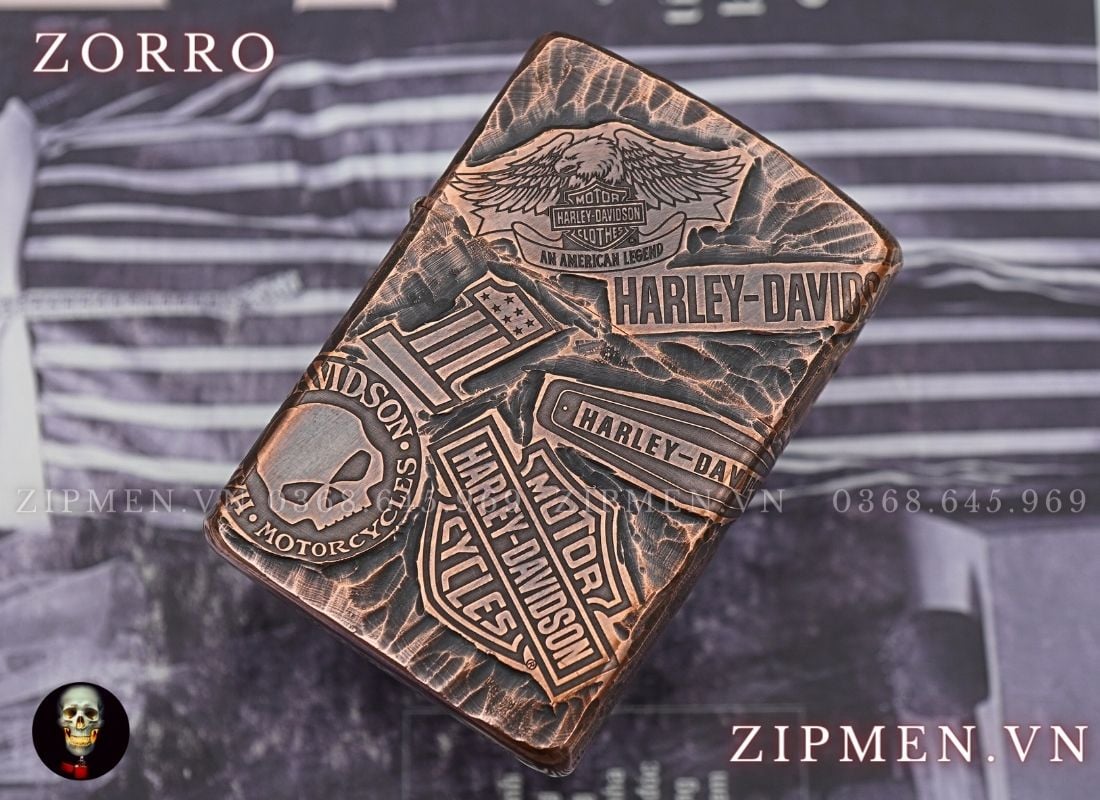 Bật lửa zorro vỏ đồng đỏ ruột đồng đỏ copper gõ búa siêu dày chủ đề Harley Davidson