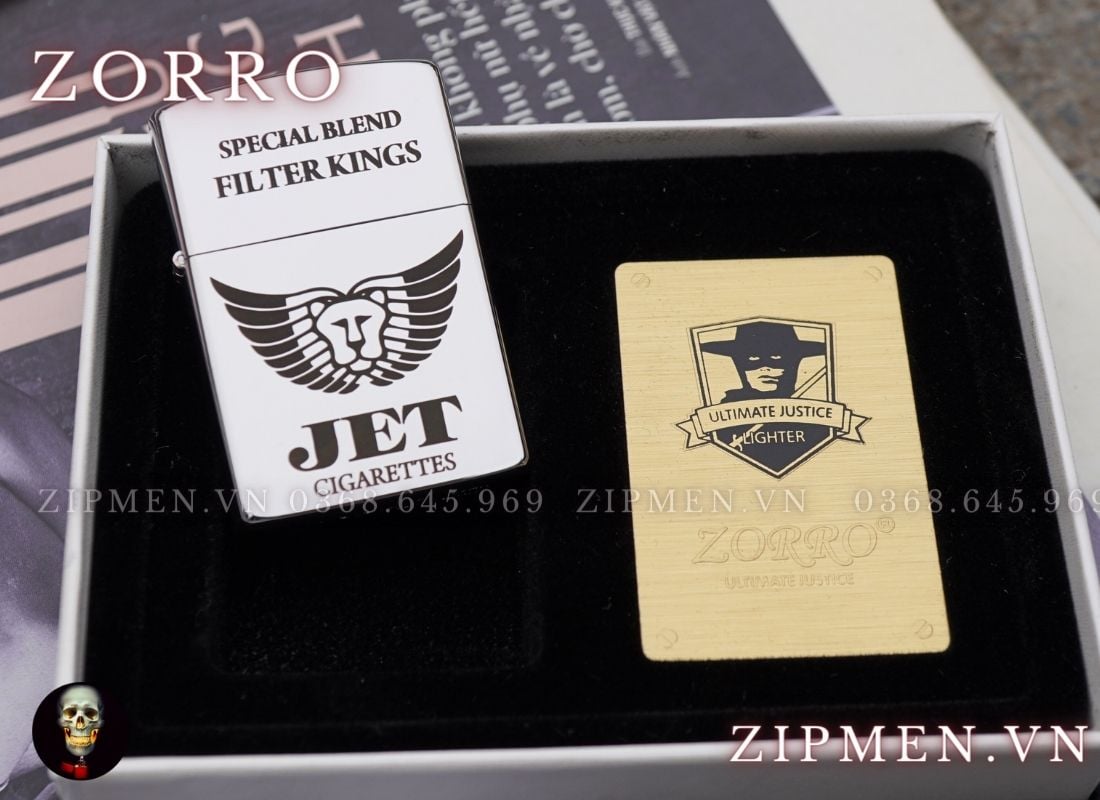 Bật lửa zorro đồng mạ chrome chủ đề logo JET