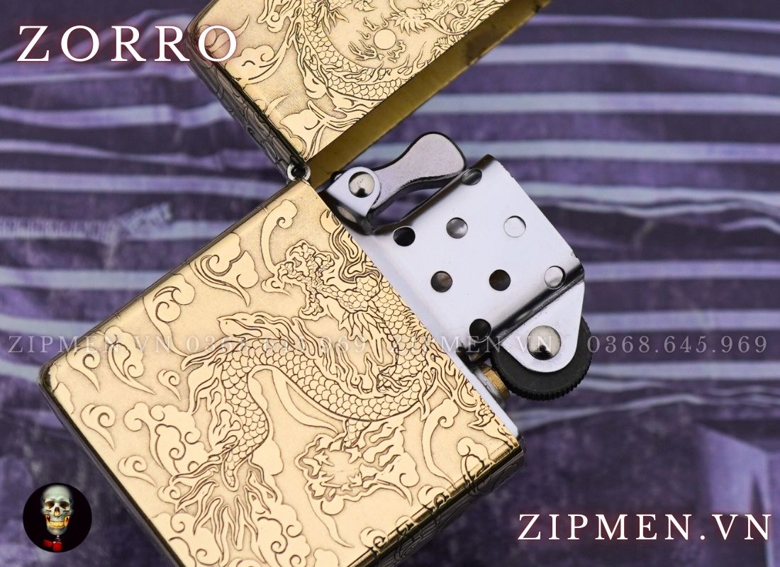 Bật lửa zorro chính hãng hình rồng vàng cuộn ngọc