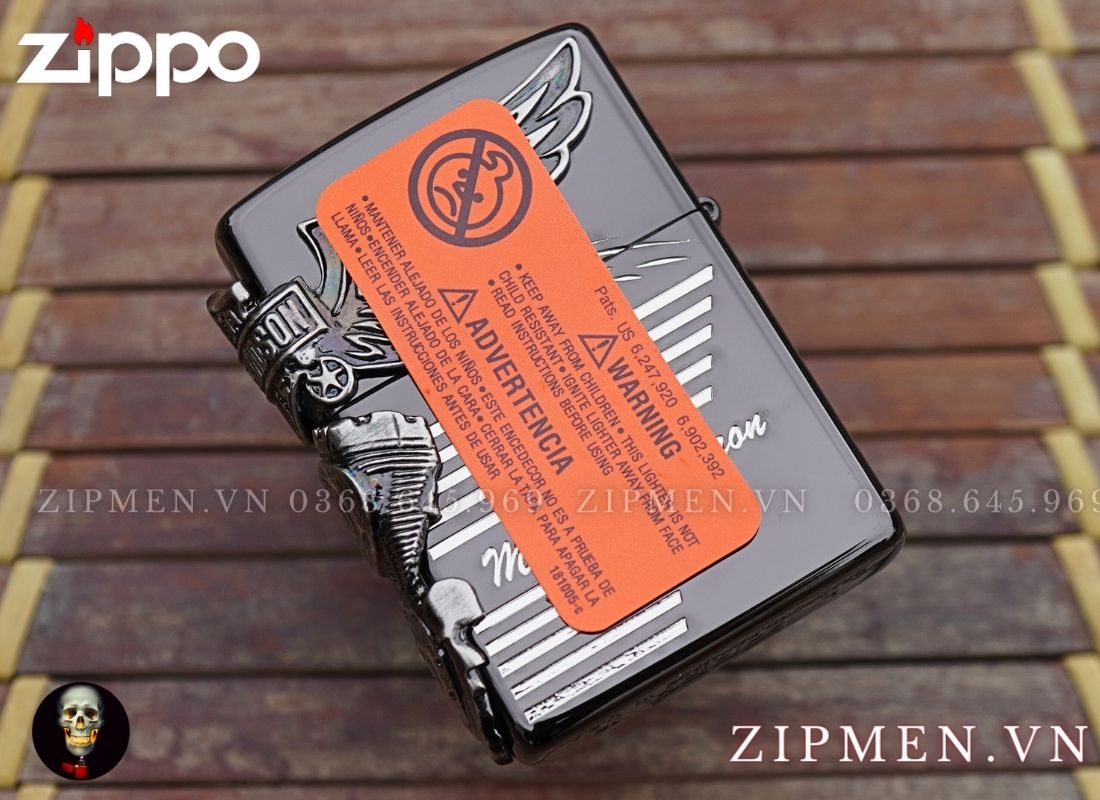 Bật lửa Zippo USA xuất Nhật màu đen hình khối động cơ Harley Davidson
