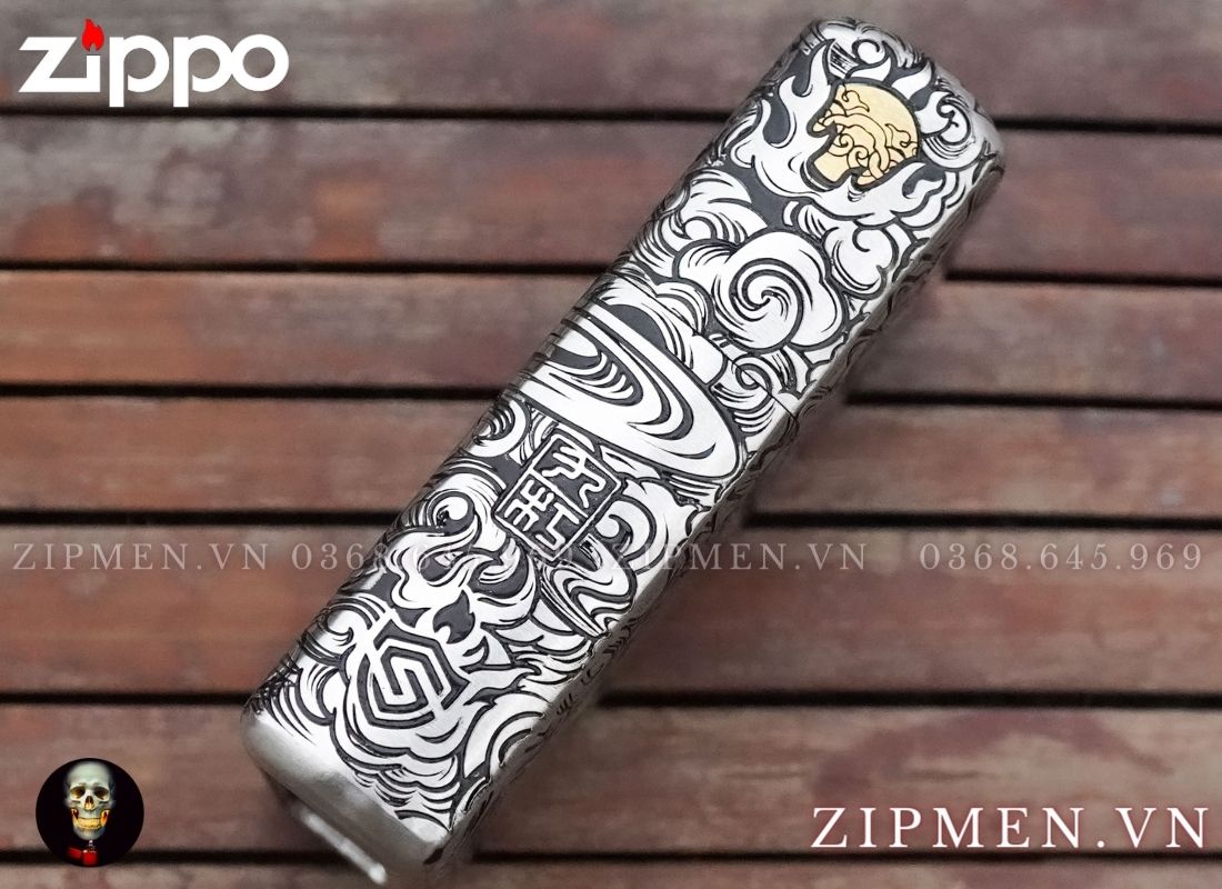 Bật lửa zippo xuất Nhật Bản bọc thép trắng hình rồng limited