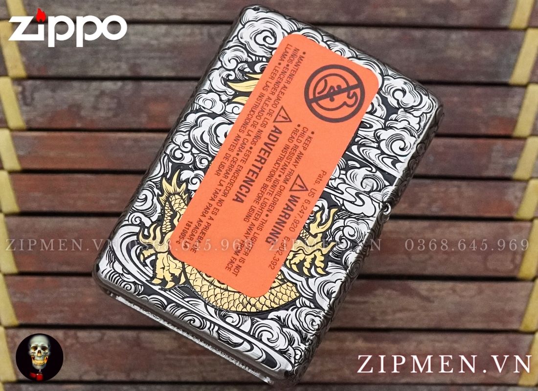 Bật lửa zippo xuất Nhật Bản bọc thép trắng hình rồng limited