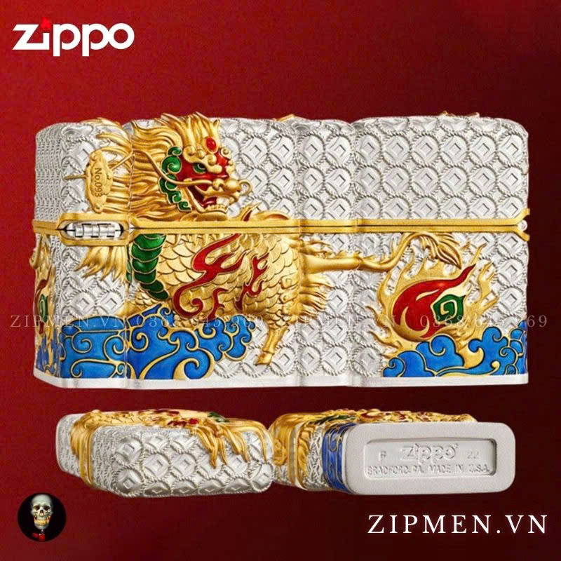 Zippo USA mạ bạc chủ đề kỳ lân đầu rồng phát quang