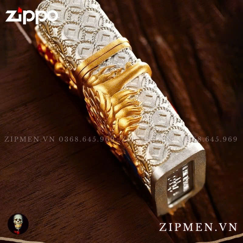 Zippo USA mạ bạc chủ đề kỳ lân đầu rồng phát quang