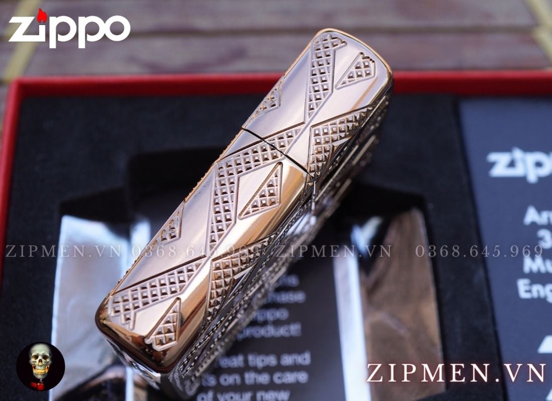 Zippo armor mạ vàng hồng vân kim cương
