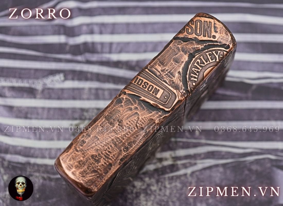 Bật lửa zorro vỏ đồng đỏ ruột đồng đỏ copper gõ búa siêu dày chủ đề Harley Davidson