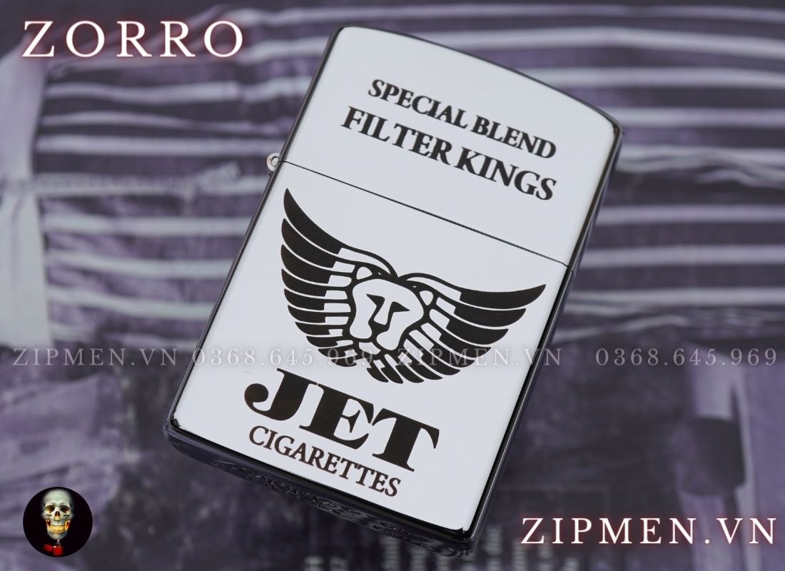Bật lửa zorro đồng mạ chrome chủ đề logo JET