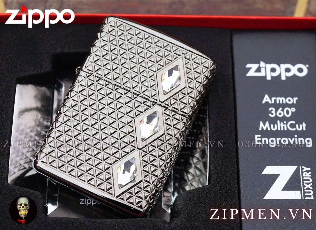 Zippo USA Armor Luxury 360 Multicut Black Ice 46316 Pattern With Crystal Design đính pha lê cao cấp