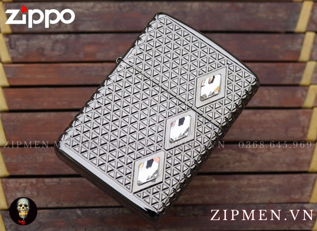 Zippo USA Armor Luxury 360 Multicut Black Ice 46316 Pattern With Crystal Design đính pha lê cao cấp