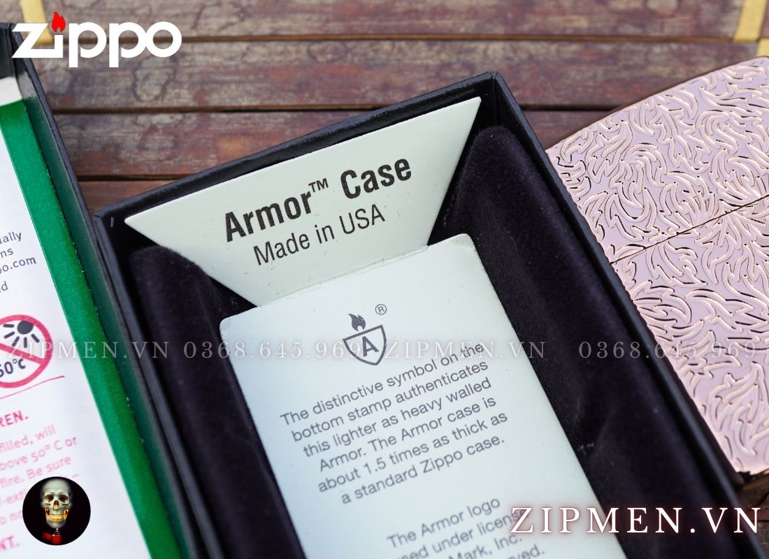 Zippo 49703 mạ vàng hồng design hoa văn carved