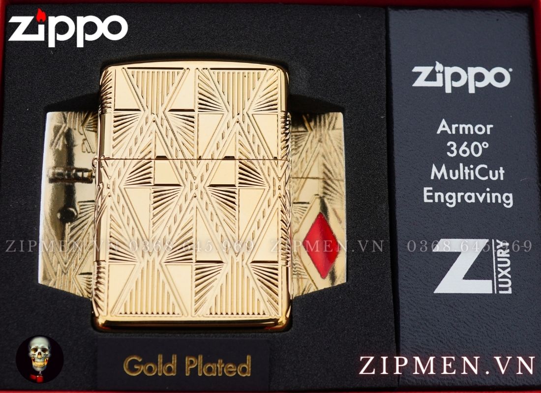 Zippo armor mạ vàng 24k vân kim cương