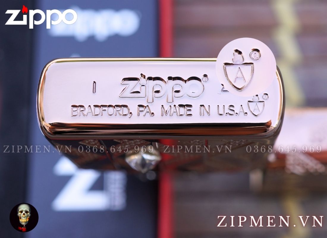 Zippo armor mạ vàng hồng vân kim cương