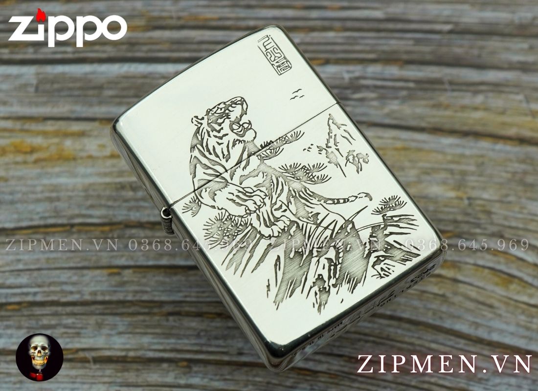 Bật lửa Zippo sterling bạc khối chủ đề Hổ thượng sơn