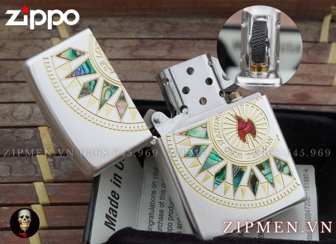 bật lửa zippo xuất Nhật Bản mạ bạc khảm trai chủ đề ngọn lửa phát sáng