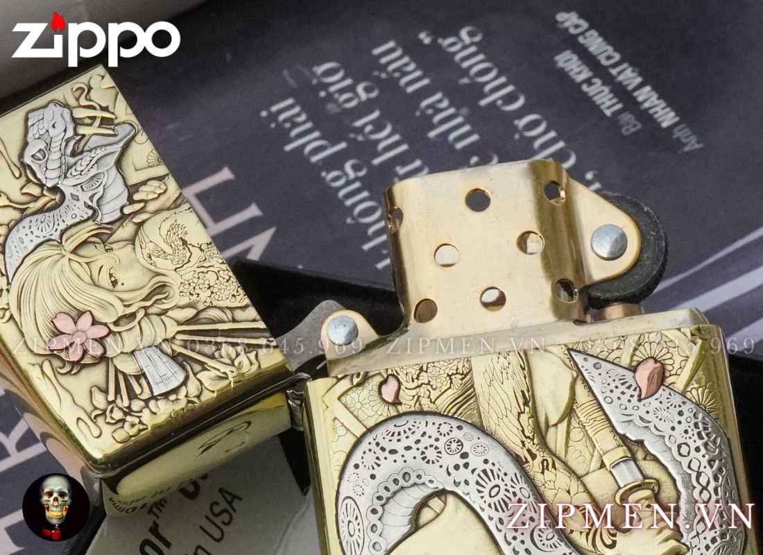 Bật lửa Zippo armor xuất Nhật Bản khắc nổi 3D hình cô gái và con rắn