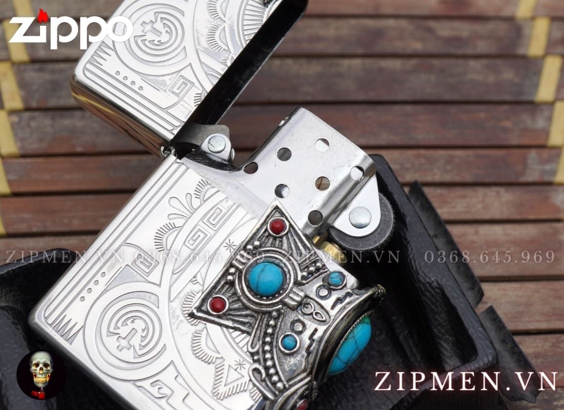 Zippo usa armor mạ bạc xuất Nhật đính ngọc lam