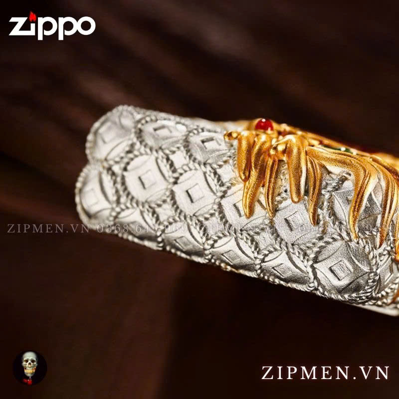 Zippo USA mạ bạc chủ đề kỳ lân đầu rồng phát quang