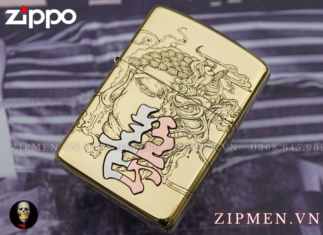 Bật lửa zippo armor xuất Nhật chủ đề thiện ác ốp chữ đồng đỏ