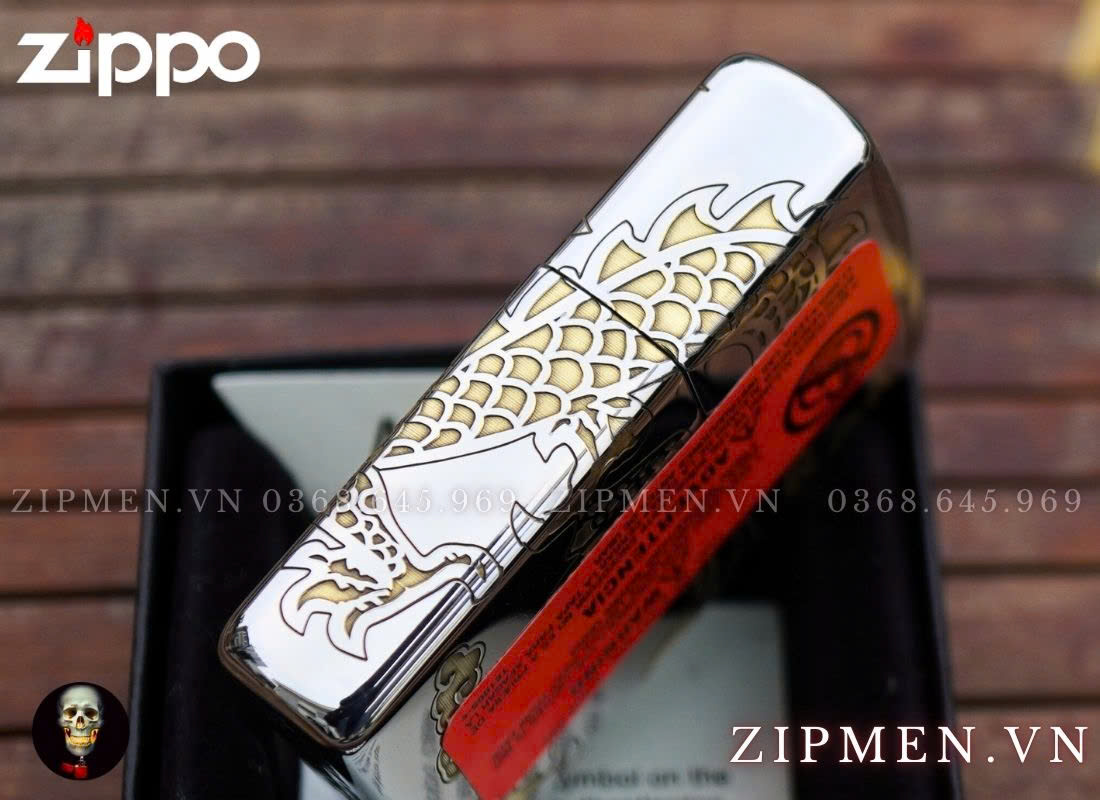 Bật lửa Zippo USA Armor cao cấp rồng cuộn màu vàng