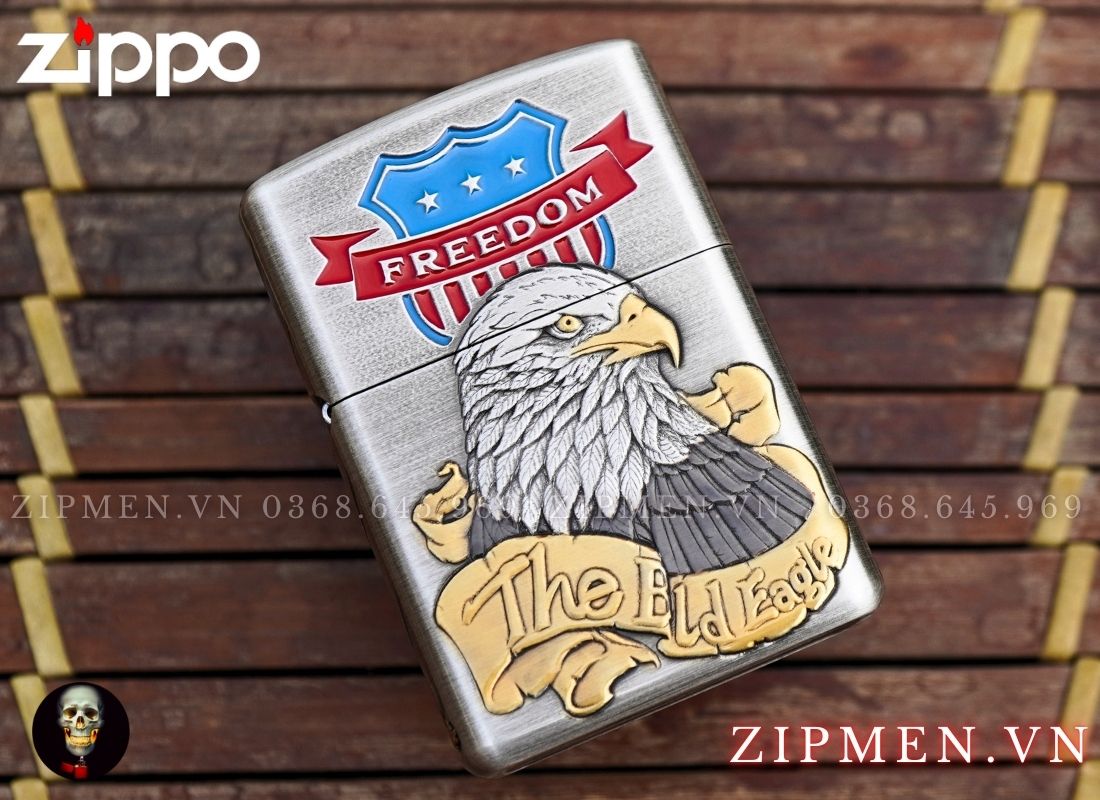 Zippo xuất Nhật Bản bọc thép trắng chủ đề chim đại bàng