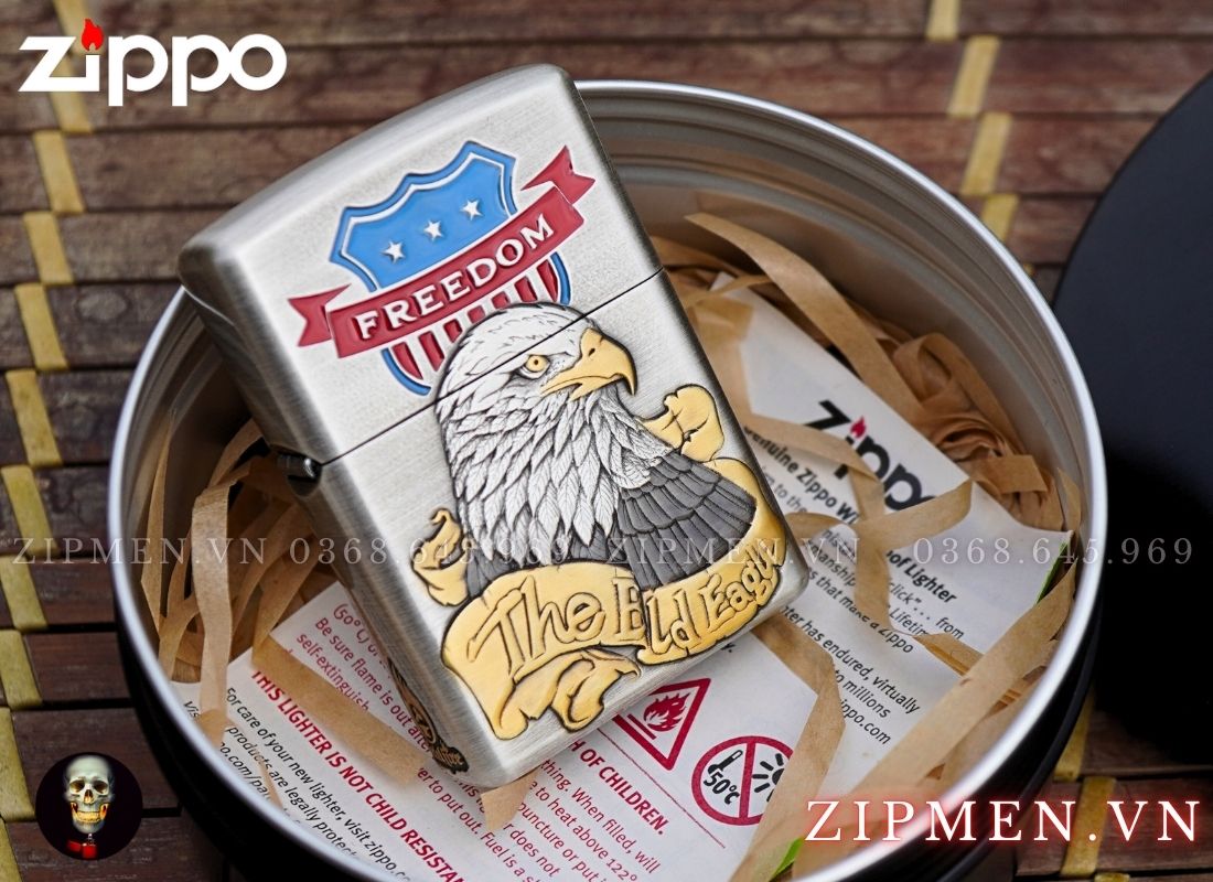 Zippo xuất Nhật Bản bọc thép trắng chủ đề chim đại bàng
