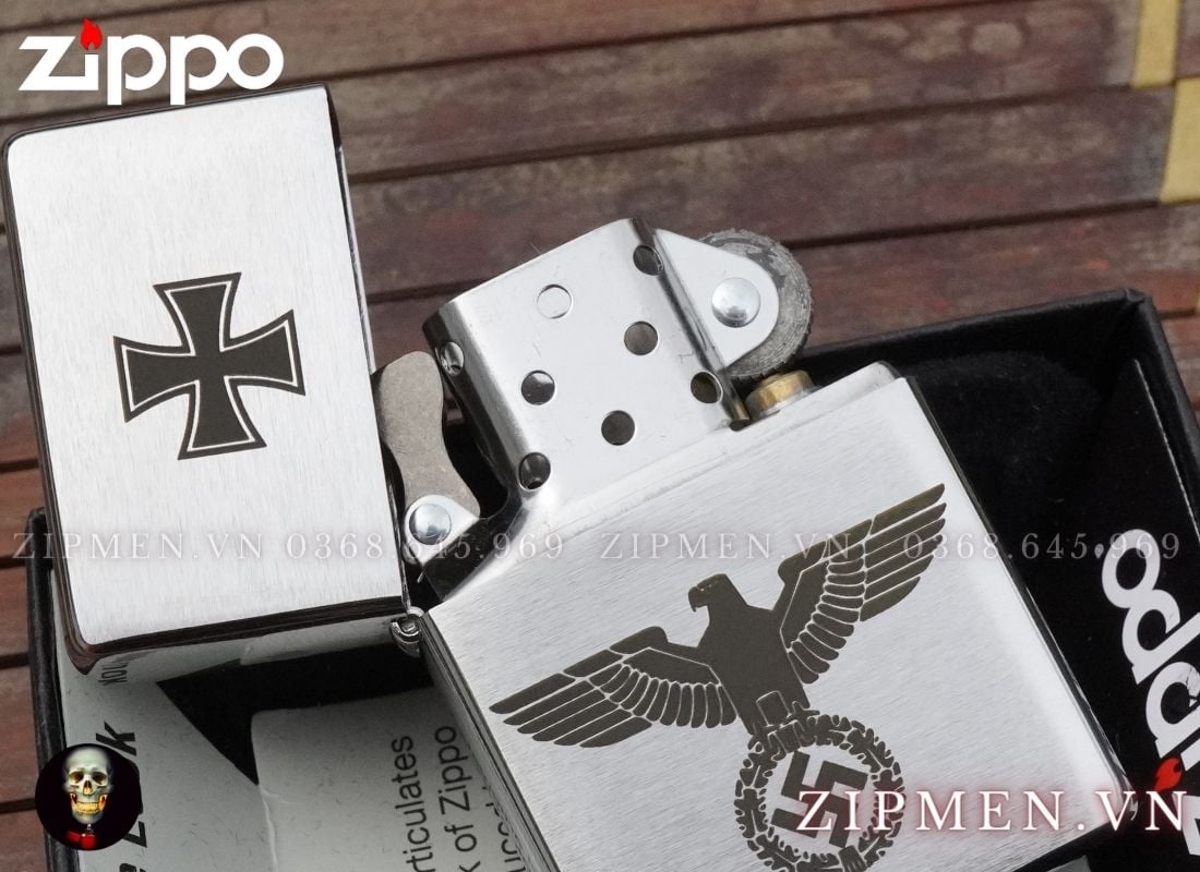 Bật lửa zippo vintage tái bản 1937 logo Đức Quốc Xã trắng nhám
