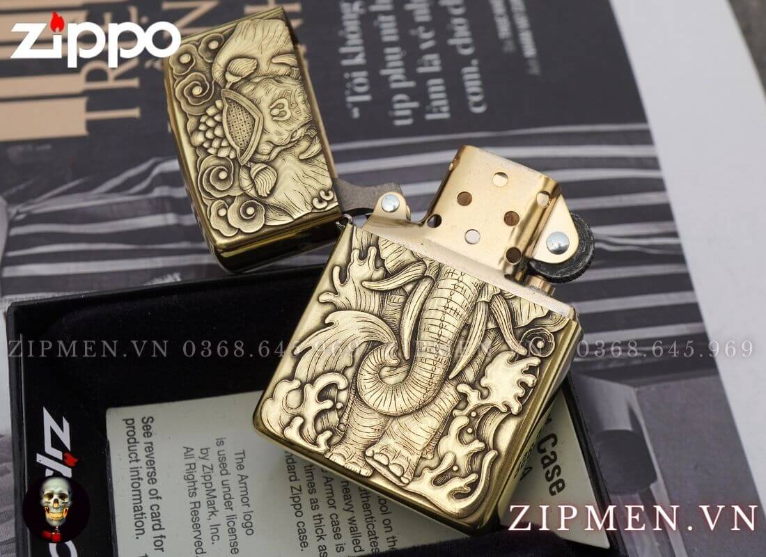 zippo khắc nổi 3d hình con voi