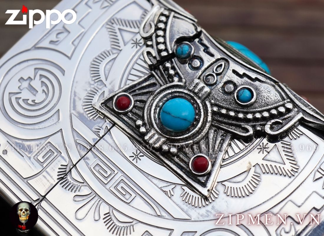 Zippo usa armor mạ bạc xuất Nhật đính ngọc lam