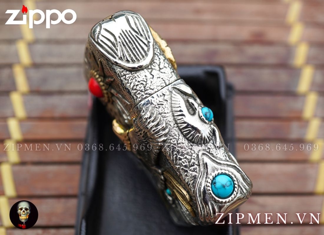 zippo xuất nhật mạ bạc đính ngọc lam