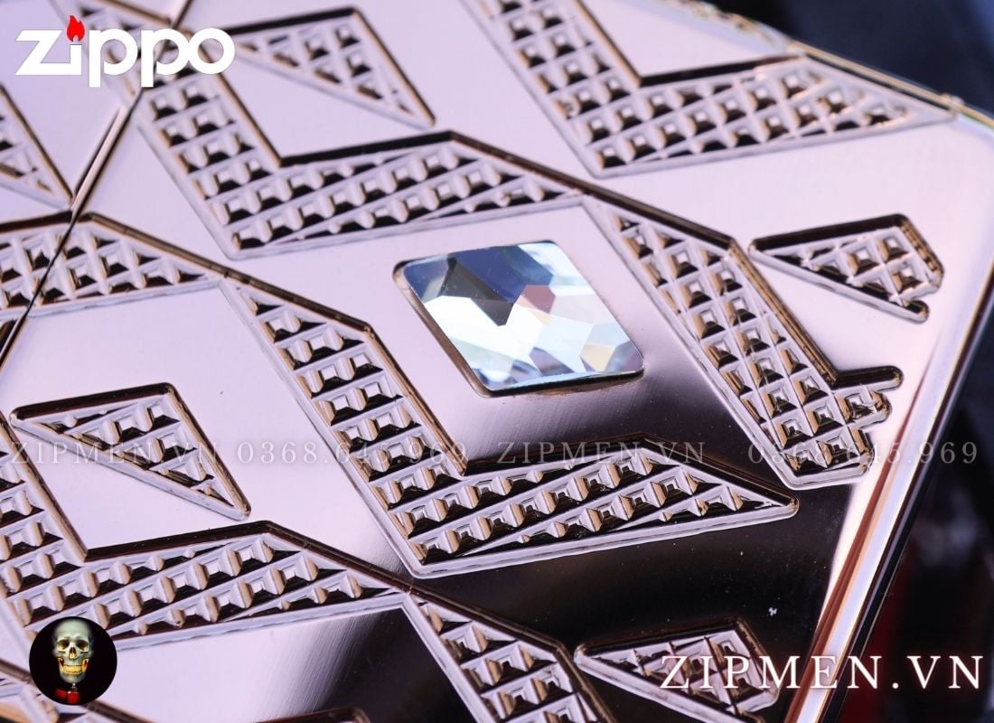Zippo armor mạ vàng hồng vân kim cương