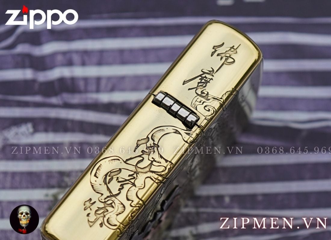 Bật lửa zippo armor xuất Nhật chủ đề thiện ác ốp chữ đồng đỏ