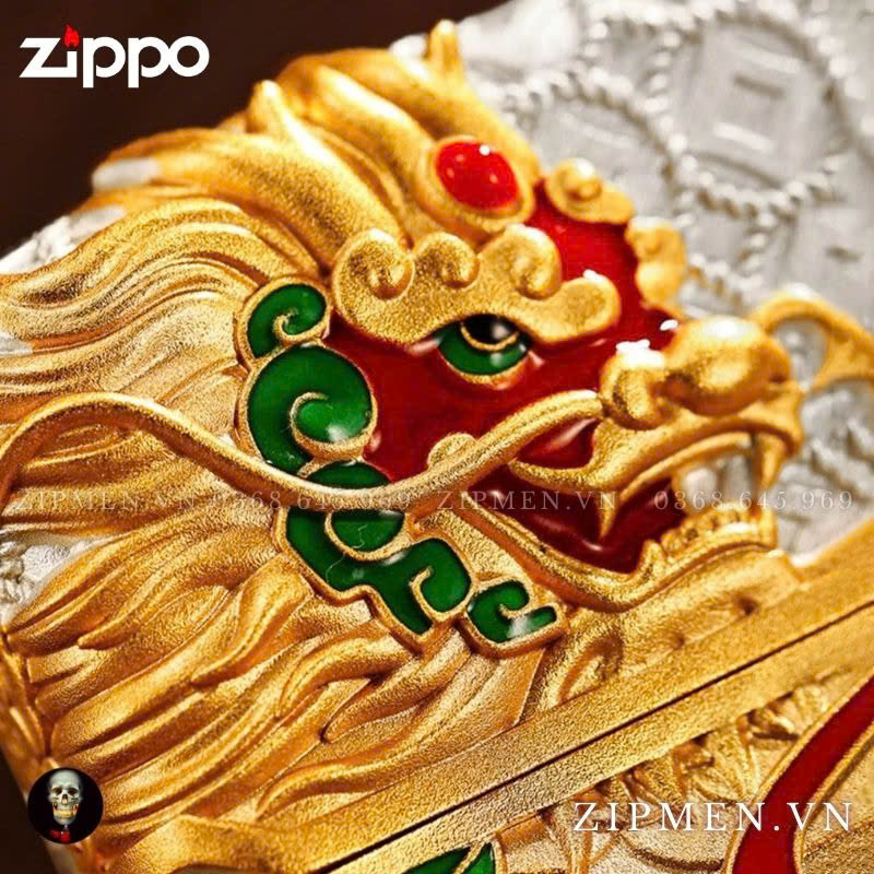 Zippo USA mạ bạc chủ đề kỳ lân đầu rồng phát quang