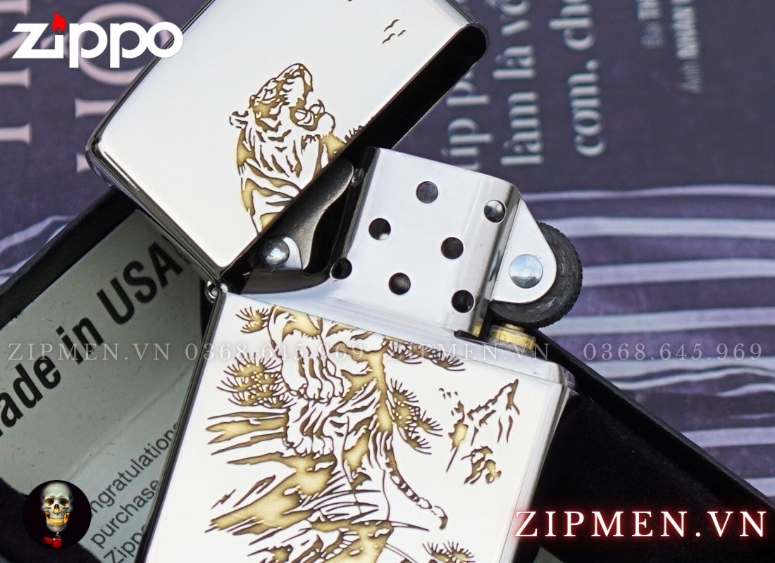 Hộp quẹt Zippo USA trắng chủ đề Hổ Thượng Sơn