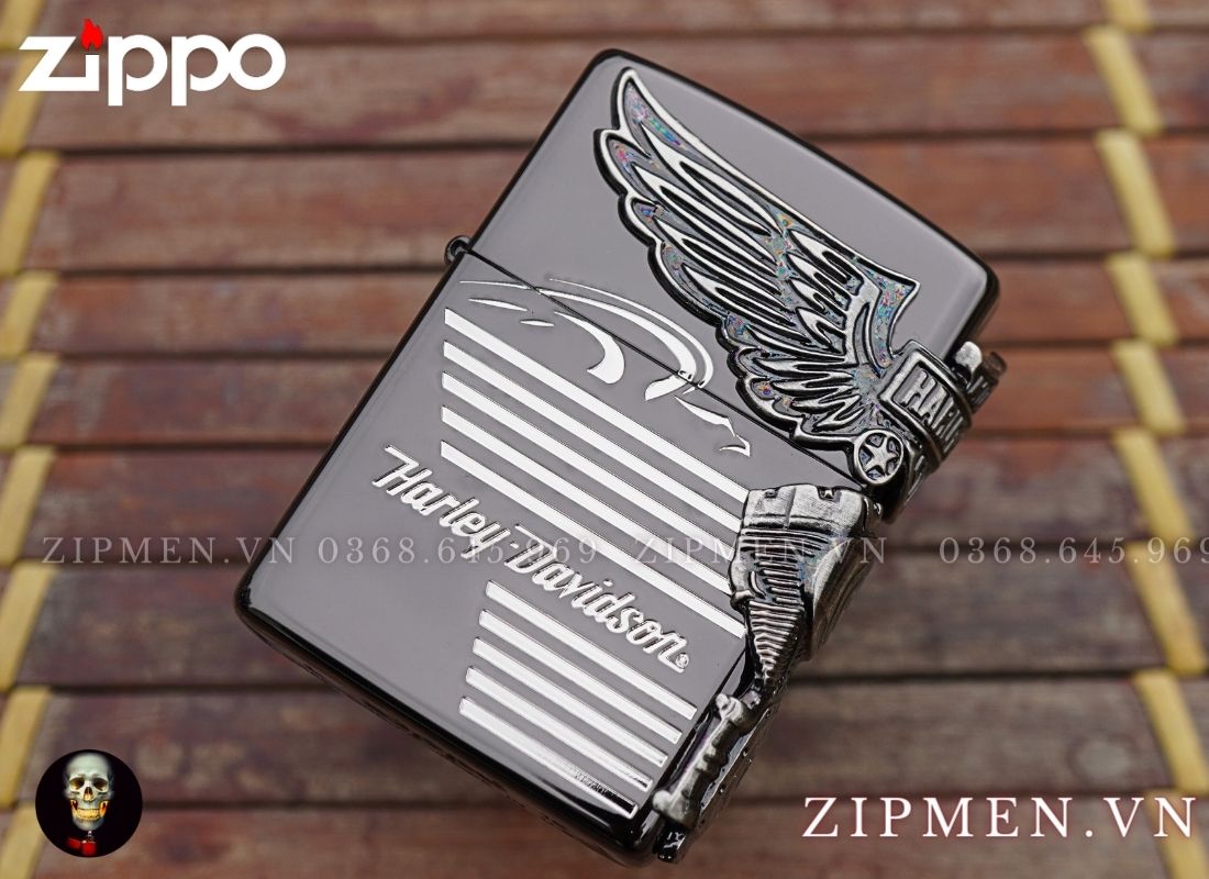 Zippo xuất Nhật màu đen hình khối động cơ Harley Davidson