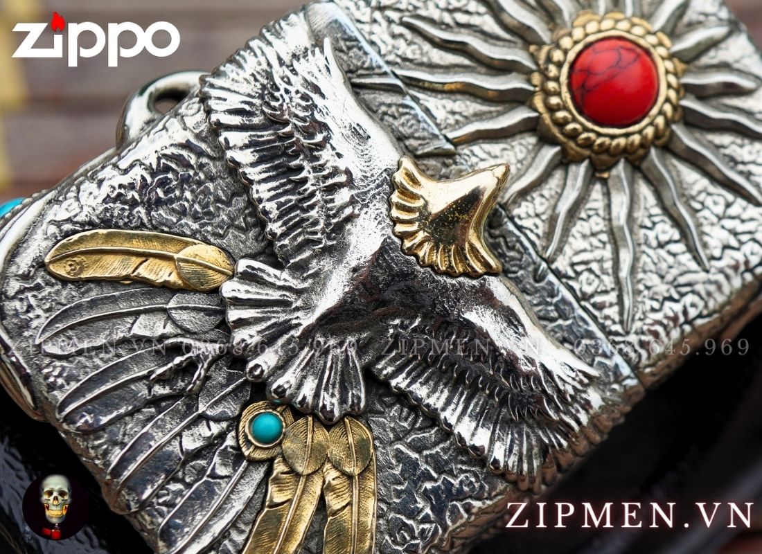 zippo xuất nhật mạ bạc đính ngọc lam