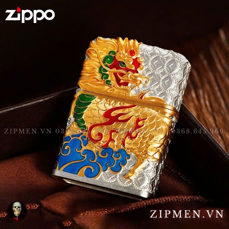 Zippo USA mạ bạc chủ đề kỳ lân đầu rồng phát quang