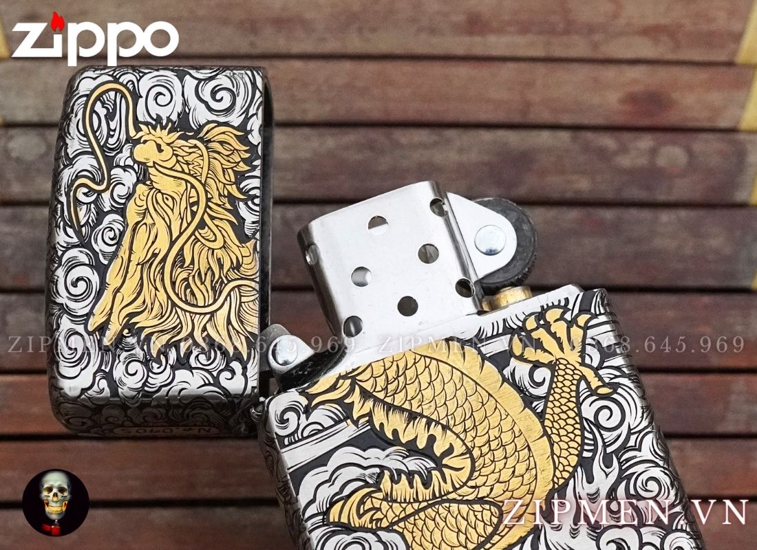 Bật lửa zippo xuất Nhật Bản bọc thép trắng hình rồng limited