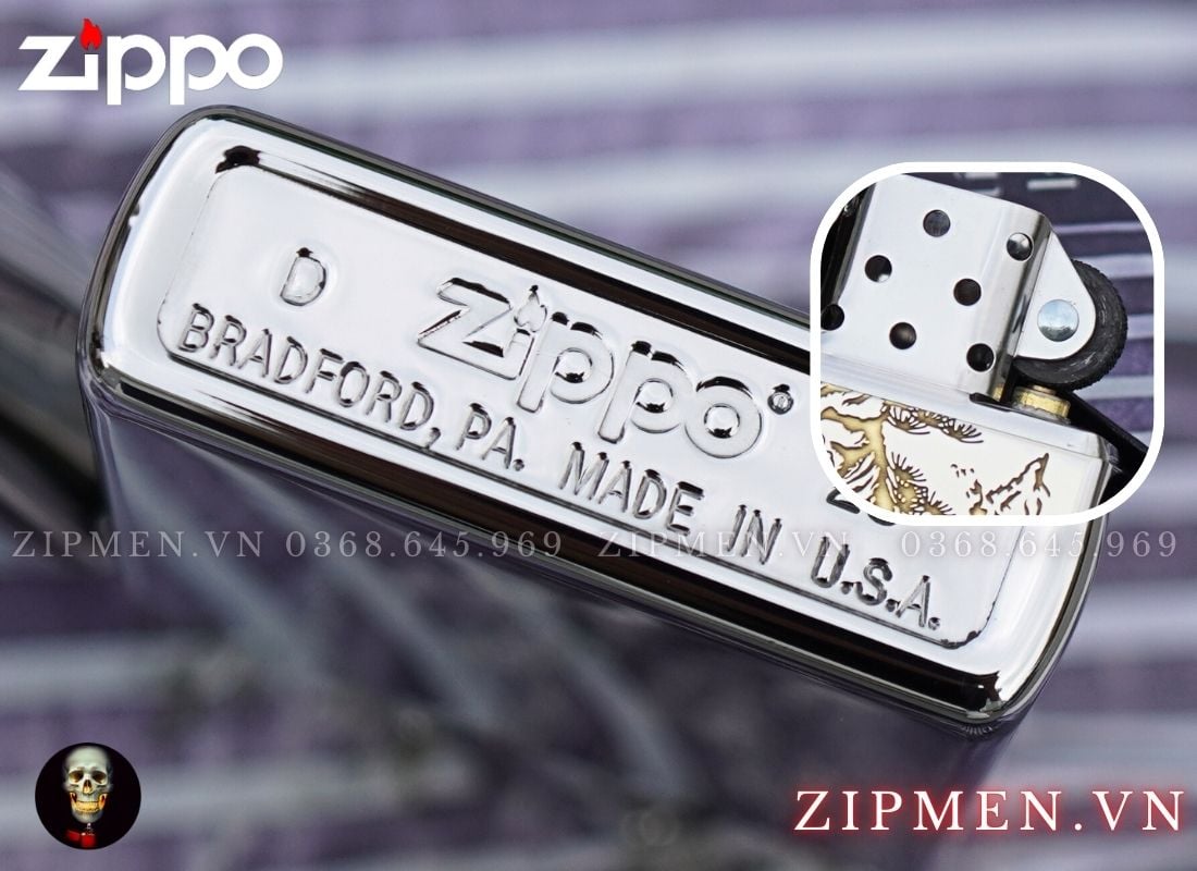 Hộp quẹt Zippo USA trắng chủ đề Hổ Thượng Sơn
